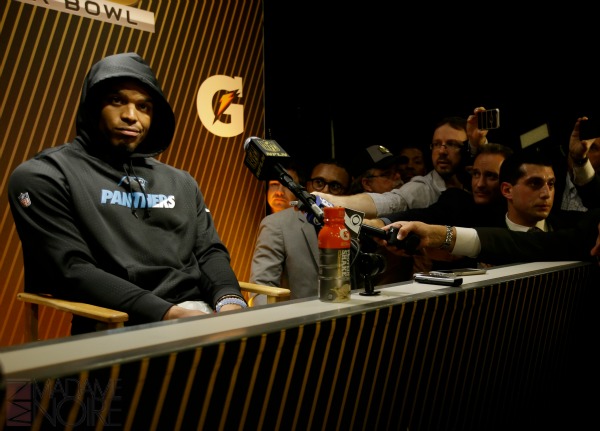 Carolina Panthers’ Cam Newton answers questions after the NFL Super Bowl 50 football game against the Denver Broncos Sunday, Feb. 7, 2016, in Santa Clara, Calif. The Broncos won 24-10. (AP Photo/Marcio Jose Sanchez)