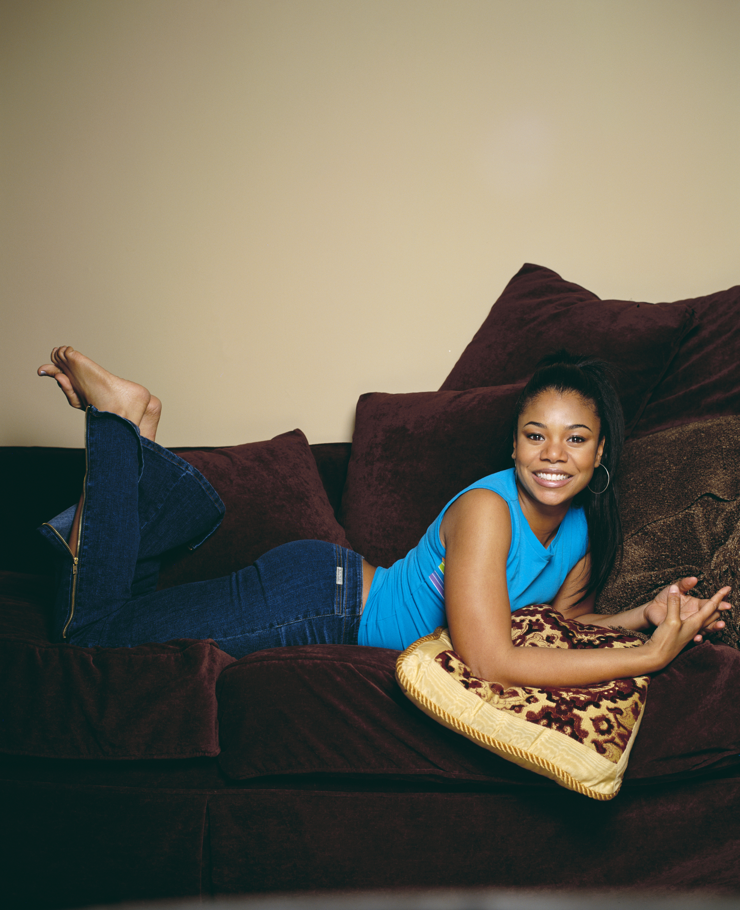 Actress Regina Hall in Jeans and Blue Top