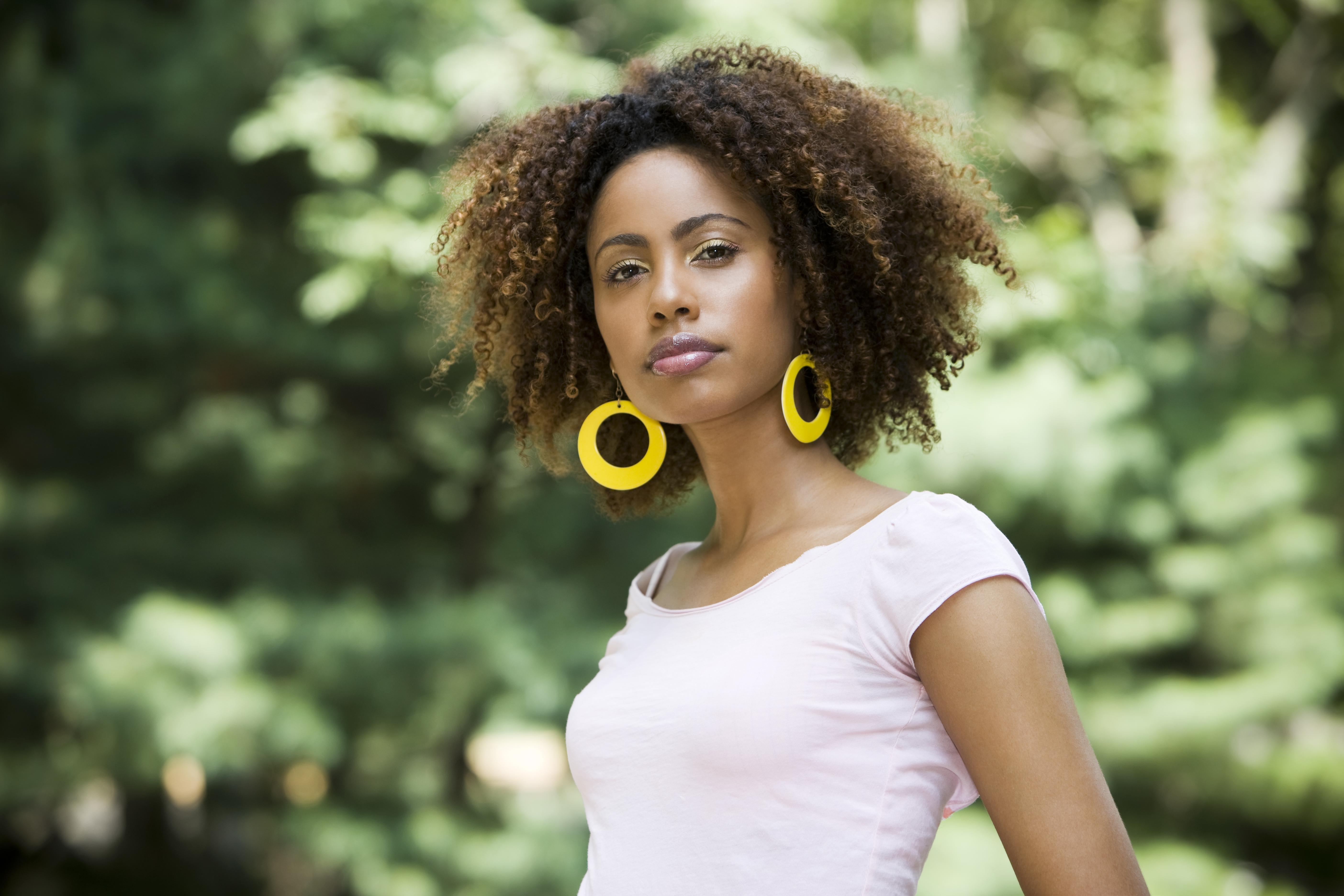 African American Beautiful Woman with Curly Hair, Copy Space