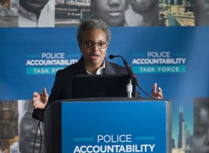 Lori Light speaks at the Force Finds Entrenched Racism In Chicago Police Department event.