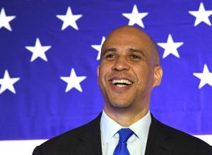 Cory Booker Smiles While On Stage At TheDemocratic Presidential Candidate Sen. Cory Booker Holds Campaign Event In Las Vegas