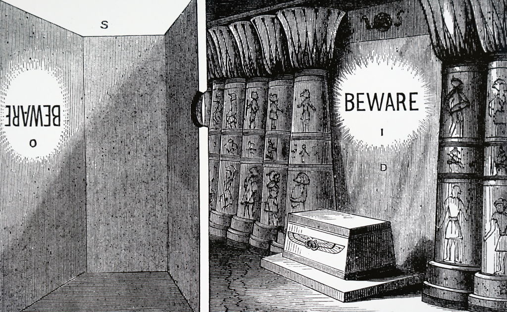 The explanation by Caspar Schott of how he thought the Egyptian priest used the principle of the camera obscura to display miraculous messages.