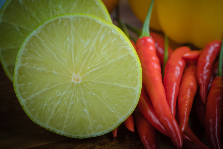 Variety of raw food on rustic wooden table