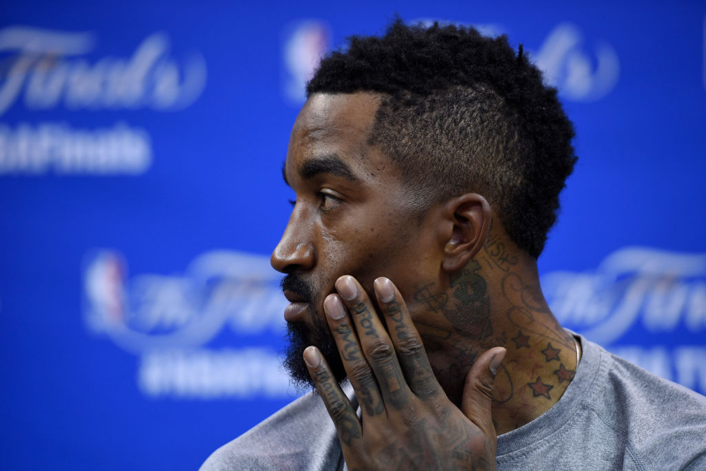 Cleveland Cavaliers' J.R. Smith (5) pauses while answering questions from the media before a practice session during the NBA Finals at Quicken Loans Arena in Cleveland, Ohio, on Wednesday, June 10, 2015. (Jose Carlos Fajardo/Bay Area News Group)