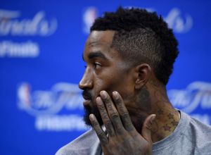 Cleveland Cavaliers' J.R. Smith (5) pauses while answering questions from the media before a practice session during the NBA Finals at Quicken Loans Arena in Cleveland, Ohio, on Wednesday, June 10, 2015. (Jose Carlos Fajardo/Bay Area News Group)
