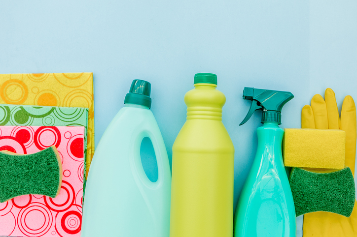 top view collection of cleaning supplies