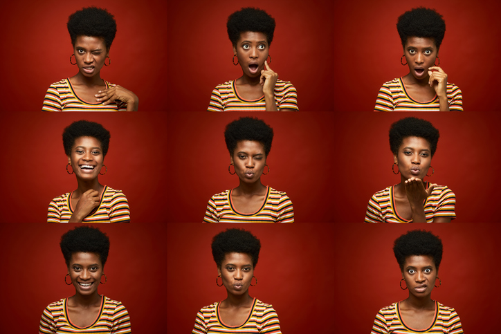 Beautiful young woman making faces in a head shot multiple image.