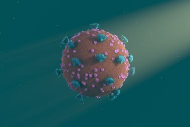 Realistic Covid-19 3D model virus. Approaching to the camera and light effect