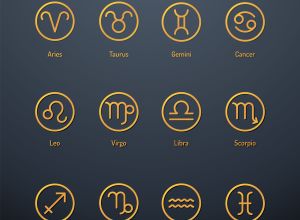 Set of golden coloured icons of astrology signs