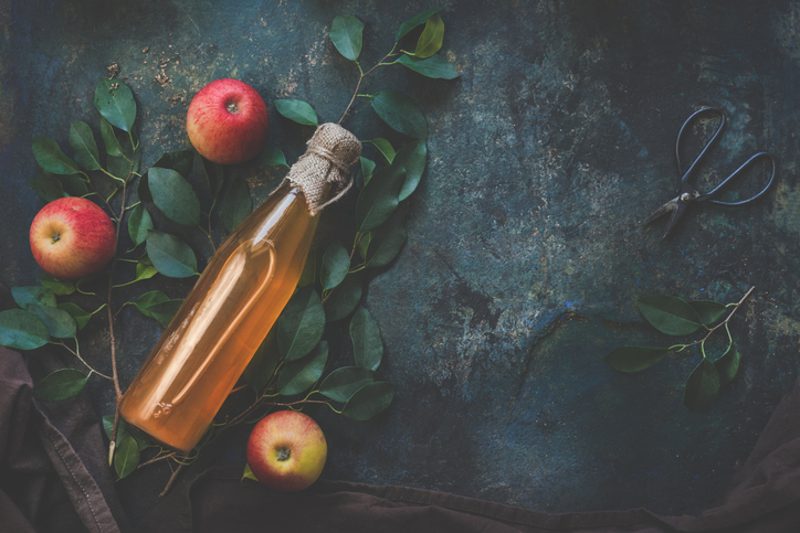 Homemade apple cider vinegar on dark rustic background with apples