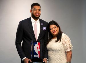 Timberwolves player Karl Anthony Towns with his family before being named rookie of the year.
