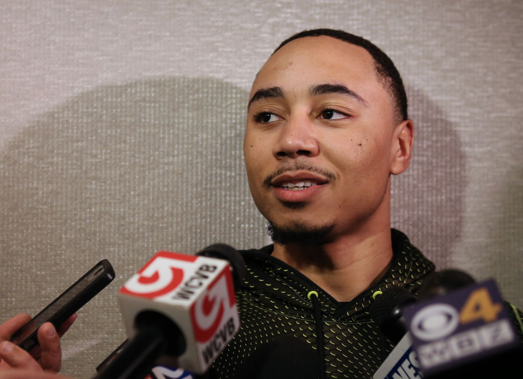 (Boston, MA - 1/21/16) Red Sox player Mookie Betts speaks with reporters during a media availability at the Boston Marriott Copley Place, Thursday, January 21, 2016. Staff photo by Angela Rowlings.