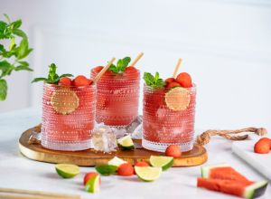 Horizontal composition of three glasses of watermelon sodas