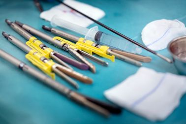 Laparoscopic surgery equipment on table