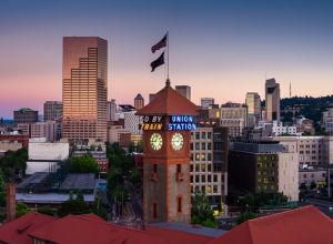 Union Station and Downtown Portland at Sunset - Aerial Panorama