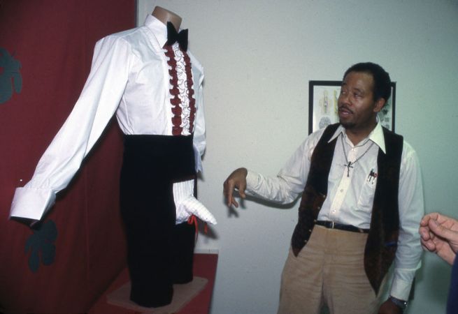 Former Black Panther Eldridge Cleaver Unveils his Codpiece Trousers Fashion Design in Los Angles in 1980s