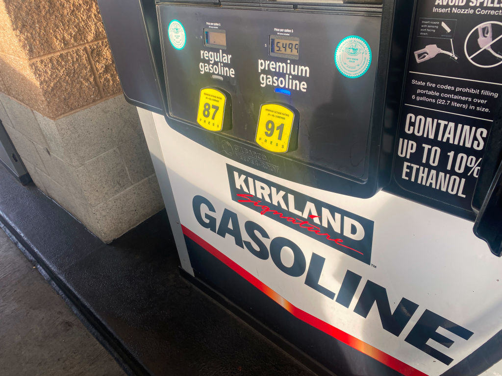 A view of a gas dispenser and gas prices at a Costco gas...