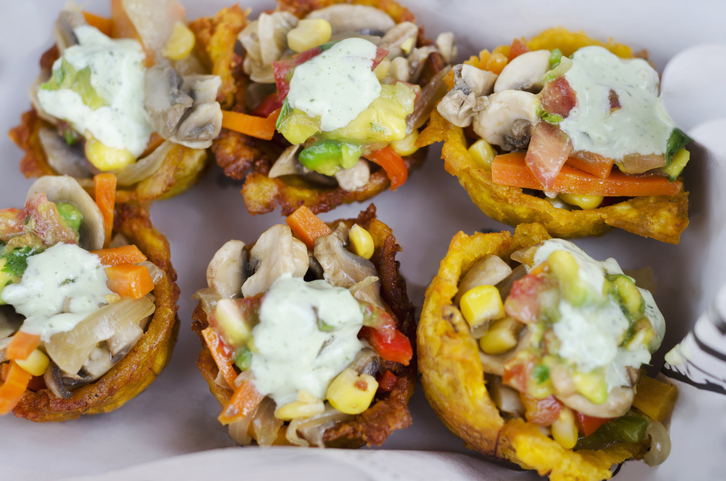 Stuffed fried plantains on food truck, caribbean typical dish.