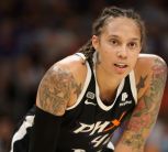 WNBA star Brittney Griner on the court Las Vegas Aces v Phoenix Mercury game.