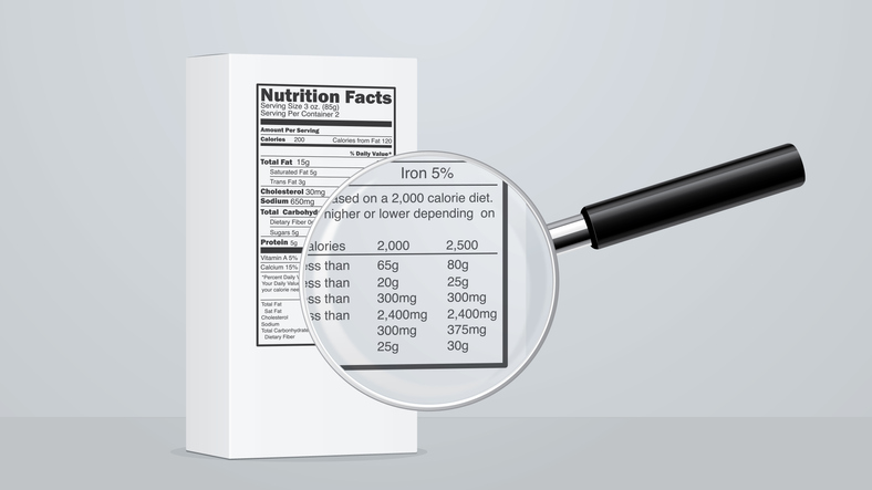 Product box with Nutrition facts label and magnifying lens