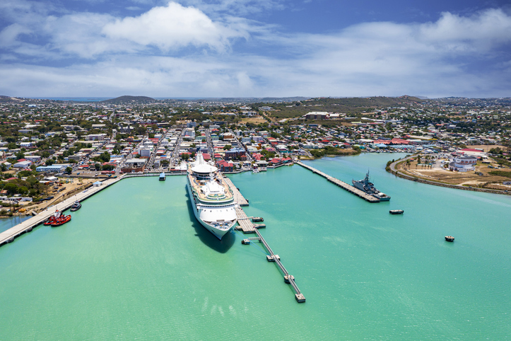 Cruise ship moored in the harbor, overhead view, Caribbean honeymoon destinations