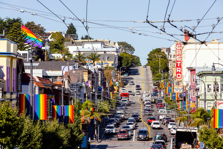 Castro District decorated with rainbow flags during Pride Month, San Francisco, California, USA