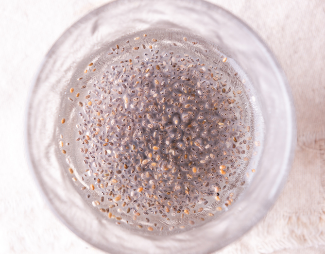 A glass of water with chia seeds