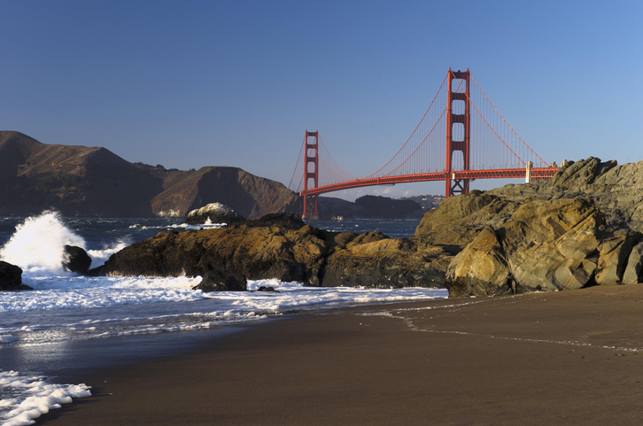 Golden Gate Bridge seen from one of the best nude beaches Baker Beach, San Francisco, California, USA