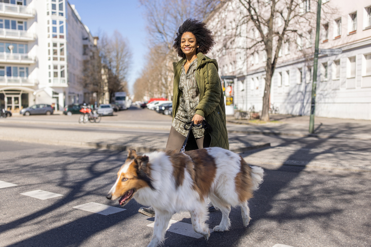 Smiling young african woman walking her dog in the city