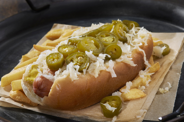 Hot Dog and Fries with Pickled Jalapeno's and Sauerkraut