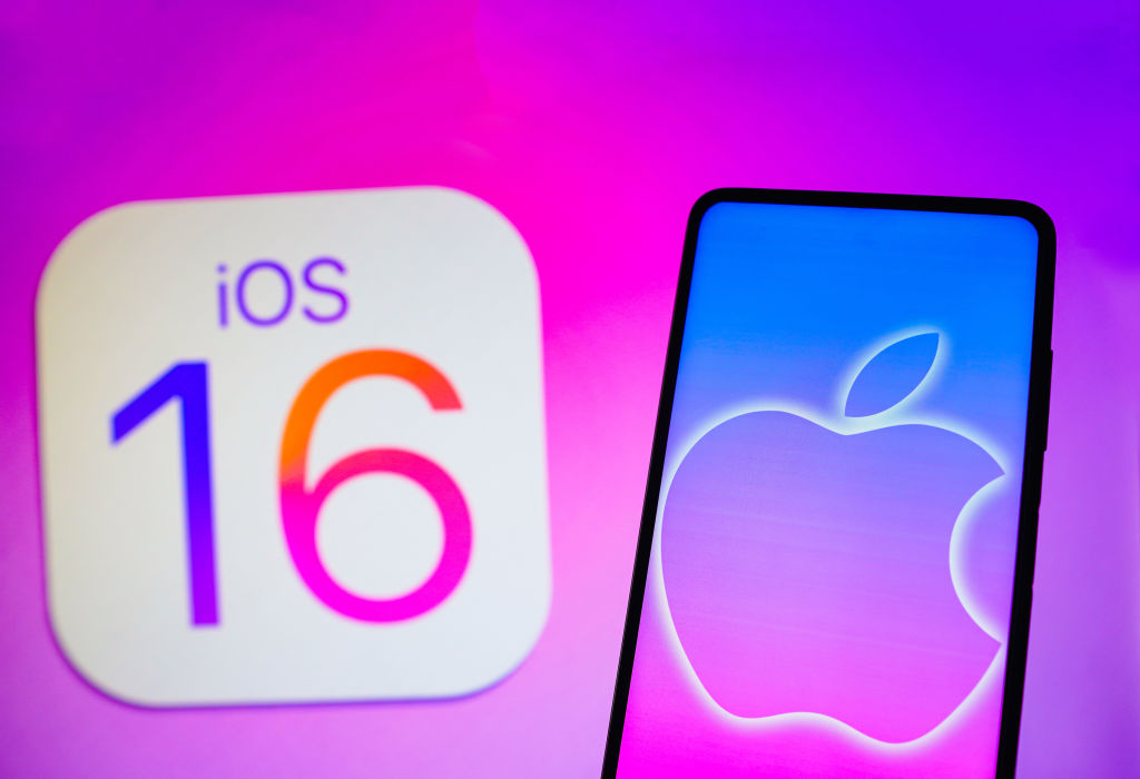 iOS 16 Logo - In this photo illustration, the Apple logo is displayed...
