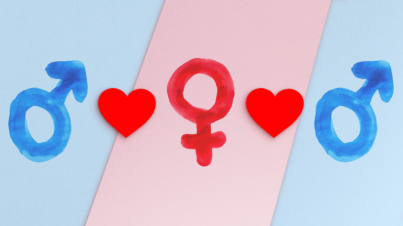 Polyamory concept. Two blue male gender symbols, one red female gender symbol and hearts.