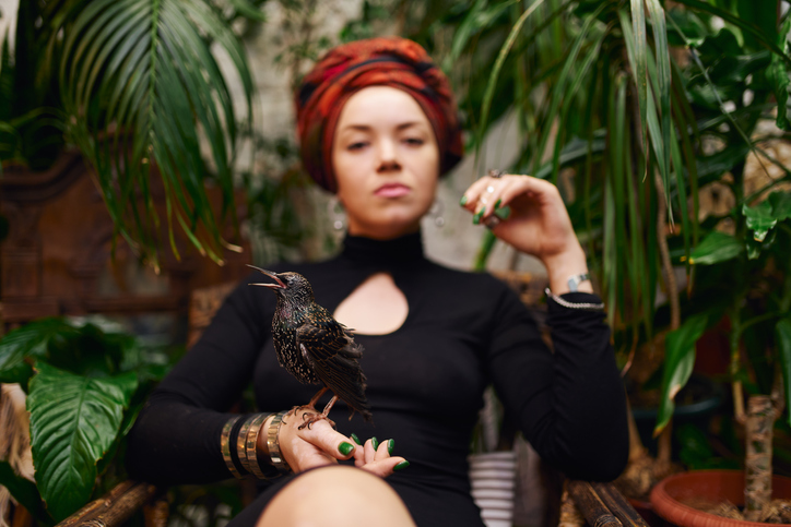 Confident enchanting soothsayer with black raven