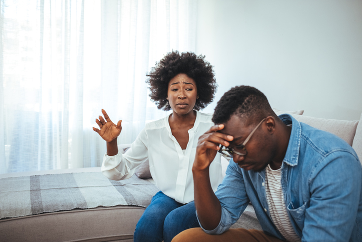 Depressed husband quarreling with wife, having serious relations communication problems.