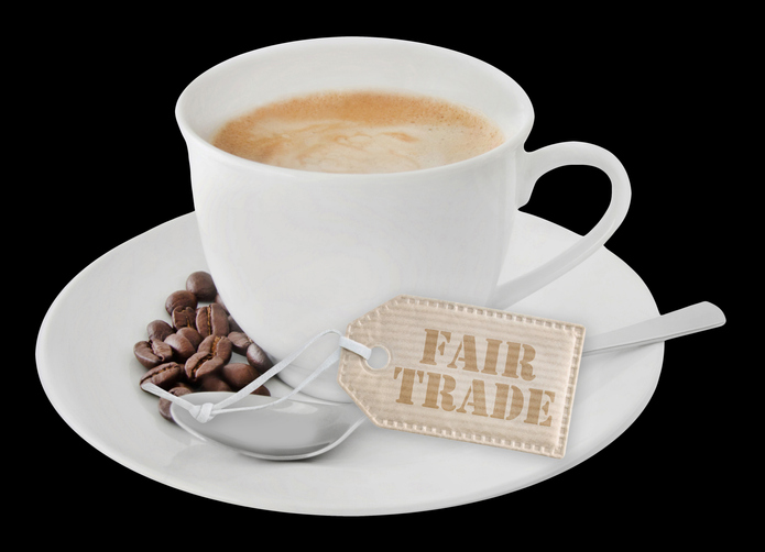 1 cup of coffee and Fair Trade label on black background