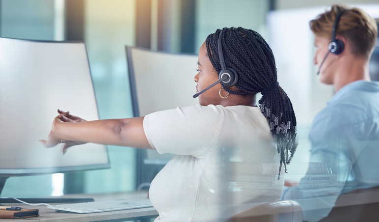 Insurance consultant, Contact us and telemarketing customer support working hard at computer help desk. Customer service, call center agent and woman employee consulting with client about us for sale