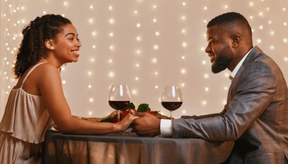 Romantic couple in love having date at restaurant woman is a mindful dater