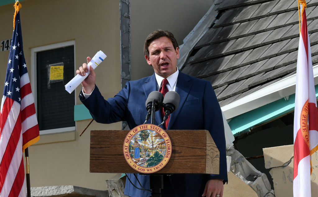 Florida Gov. Ron DeSantis speaks at a press conference to...