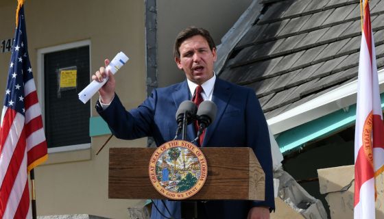 Florida Gov. Ron DeSantis speaks at a press conference to...