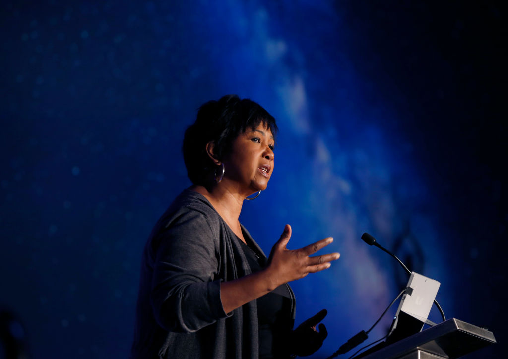 NASA astrounaut Dr. Mae Jemison delivers a keynote speech at the Silicon Valley Comic Con in San Jose, Calif. on Saturday, April 7, 2018