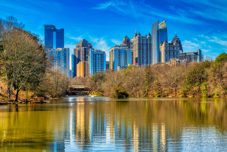 Panoramic view of Piedmont Park and Atlanta skyline