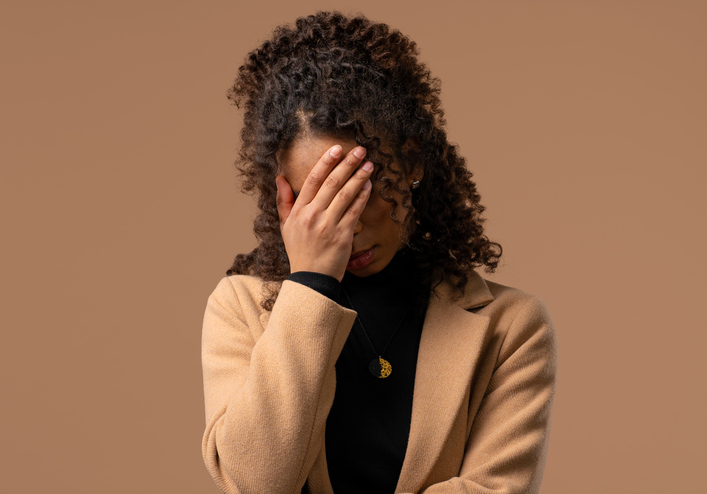 Worried confused woman, no, she forgot.Girl feeling sorrow,regret,drama, failure