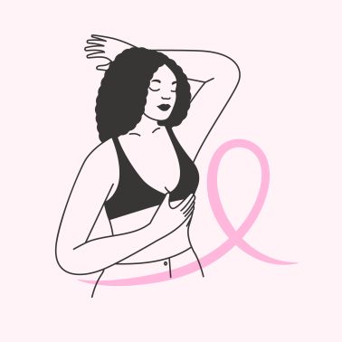 Breast cancer awareness month. Black woman in bra doing a manual breast self examination. Minimalist hand drawn illustration of a female with a pink ribbon