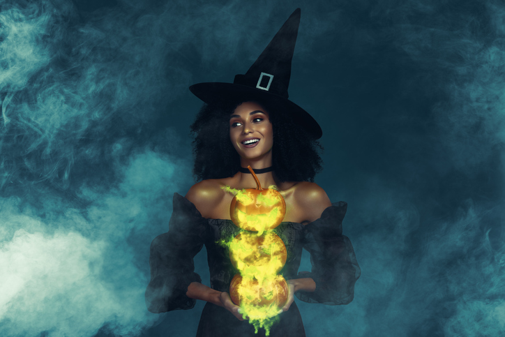 Abstract surreal collage banner of lady in witch costume look profile side hold carved pumpkin over dark background