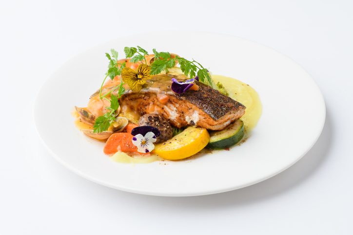 salmon fillets baked until crispy serve with clam