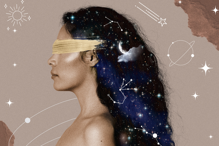 Woman side portrait background, blindfolded celestial mixed media illustration