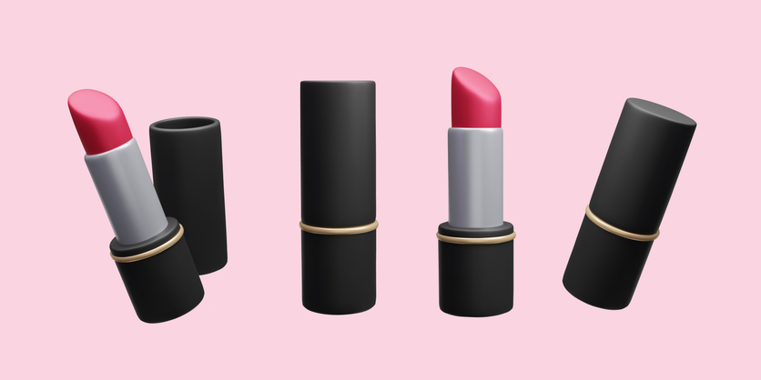 Realistic 3D lipstick vector illustration collection. Red lip stick in a black makeup case packaging set. Luxury glamour beauty make-up decorative cosmetic products. Korean skincare 3D render.