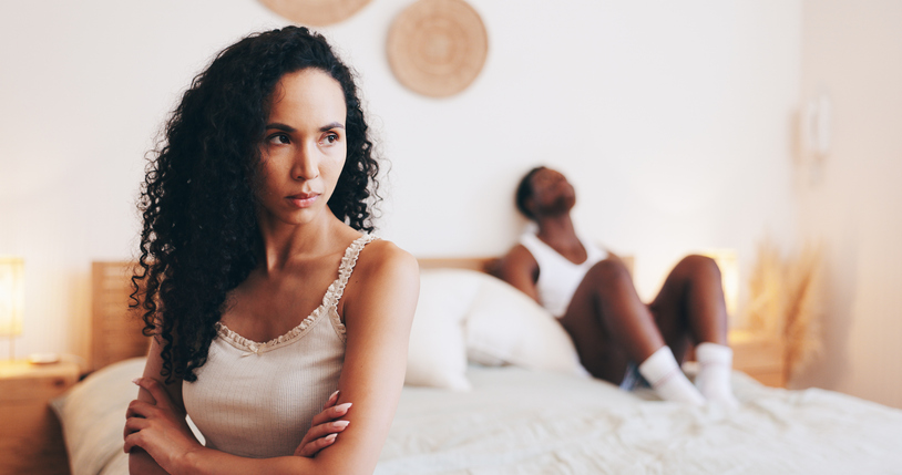 Frustrated couple, ignore and bed with disagreement for fight, dispute or conflict at home. Upset man, woman or quarrel with toxic relationship for cheating affair, divorce or breakup in bedroom