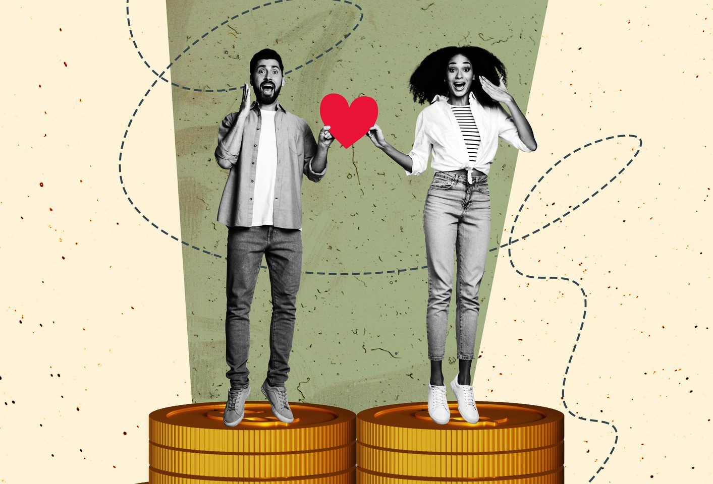 Trendy art creative vertical photo collage of two happy business partners girl guy stand dollar coin stack heart affection