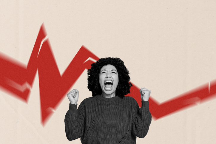 Zine banner full photo collage of angry businesswoman scream graph statistics inflation problem regress economic tension
